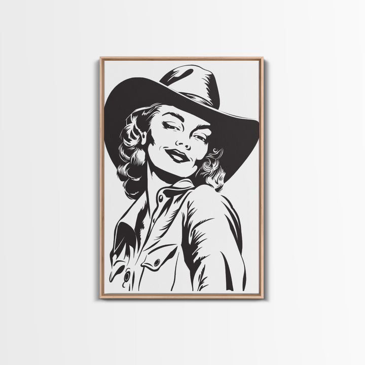 Smiling Cowgirl Portrait Art Print, Western Silhouette Framed Canvas, Vintage Cowgirl Artwork, Unique Wall Decor