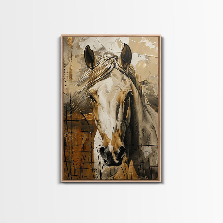 Realistic Horse Portrait with Warm Background - Framed Canvas Print, Equine Art, Living Room Wall Decor, Bedroom Horse Art Print