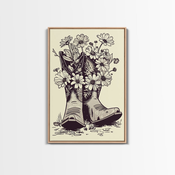 Cowboy Boots with Flowers Art Print, Western Silhouette Framed Canvas, Vintage Floral Boots Art, Unique Home Decor