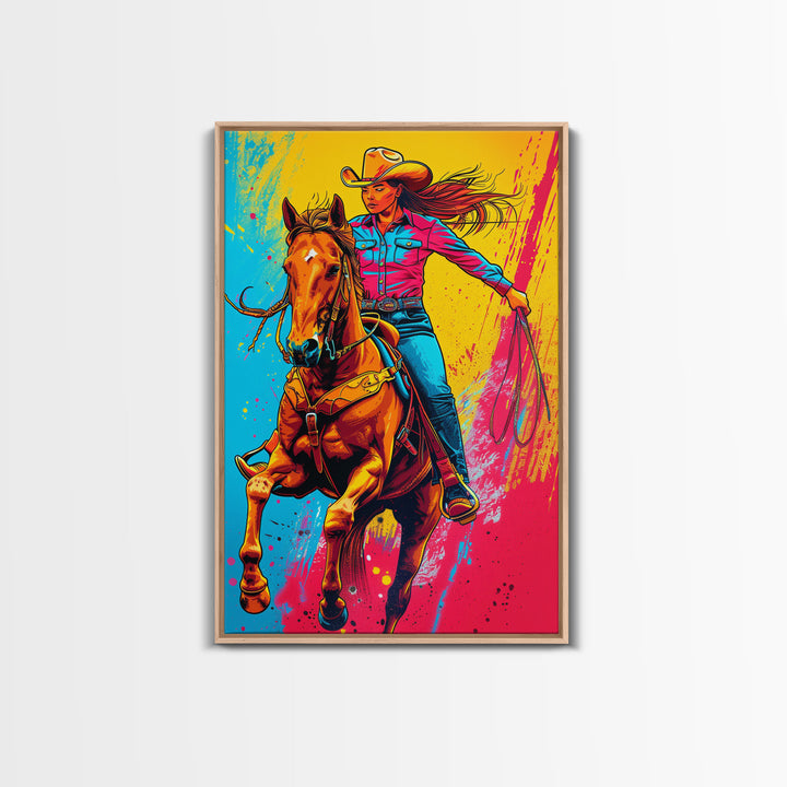 Bold Pop Art Cowgirl Riding Horse with Bright Colors - Framed Canvas Print, Equestrian Decor, Cowgirl Art for Bedroom, Living Room Wall Art