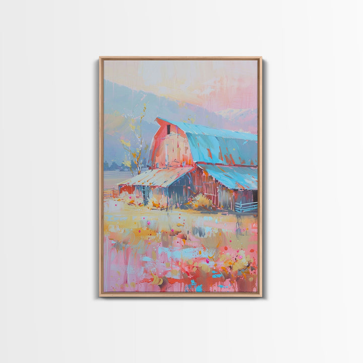 Rustic Pastel Barn in Countryside Landscape - Framed Canvas Print, Farmhouse Decor, Country Art for Living Room, Rustic Wall Art for Home