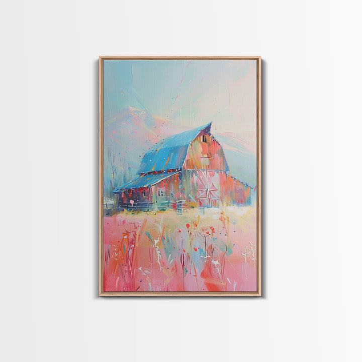 Idyllic Pastel Barn Scene in Vibrant Colors - Framed Canvas Print, Farmhouse Decor, Countryside Art for Bedroom, Rustic Wall Art Living Room