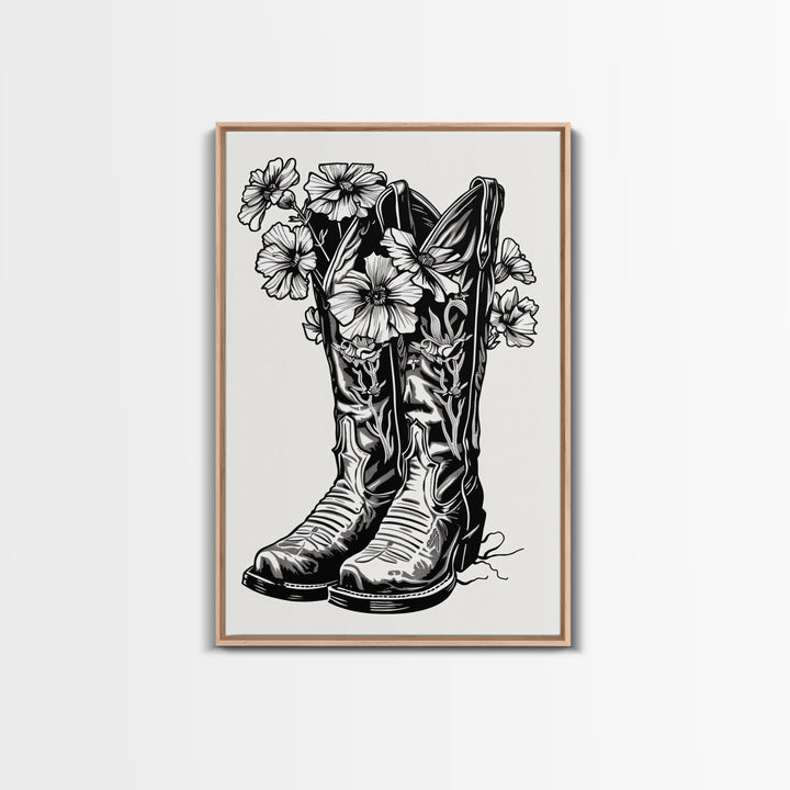 Floral Cowboy Boots Art Print, Retro Western Framed Canvas, Vintage Flower Boots Artwork, Unique Wall Decor for Home