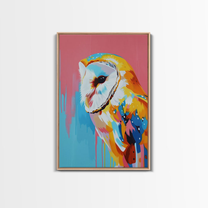 Colorful Owl Pop Art on Pink and Blue Background - Framed Canvas Print, Bird Decor, Owl Art for Living Room, Vibrant Wall Art for Bedroom