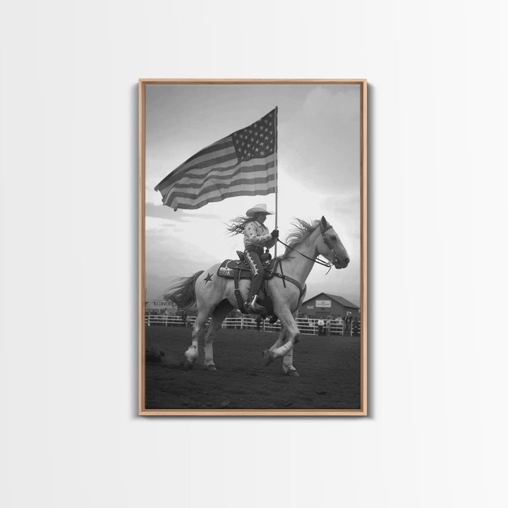 Cowgirl with American Flag Art Print, Western Rodeo Framed Canvas, Vintage Black and White Photography, Unique Home Decor