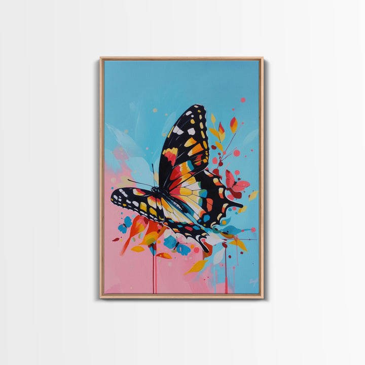 Butterfly and Blossoms Framed Canvas Print - Colorful Wall Art, Living Room Decor, Nature Artwork, Unique Art for Bedroom and Office