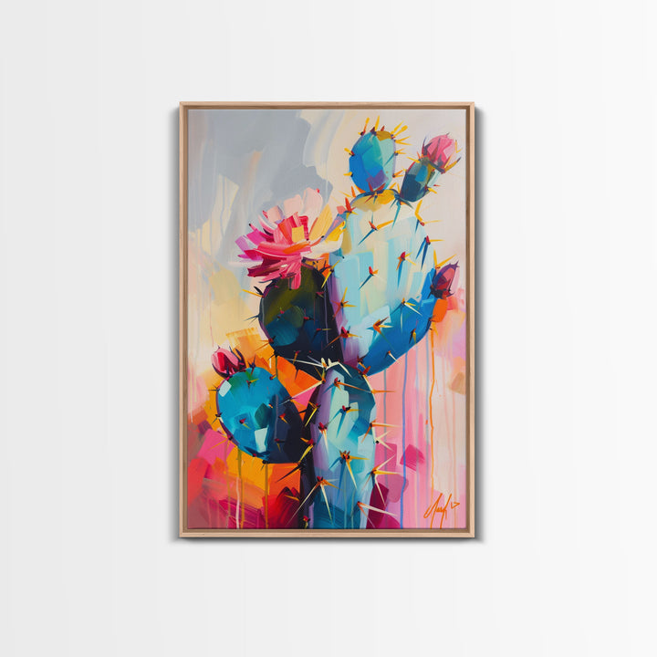 Flowering Cactus Framed Canvas Print - Desert Plant Wall Art, Living Room Decor, Modern Artwork, Unique Succulent Art for Bedroom and Office