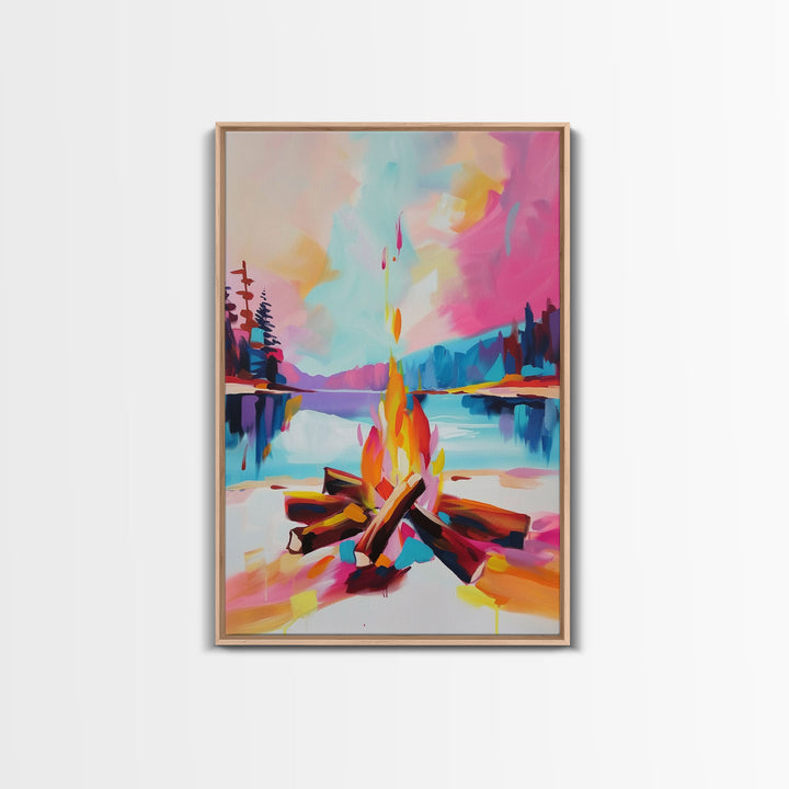 Campfire by the Lake Framed Canvas Print - Colorful Nature Wall Art, Living Room Decor, Modern Artwork, Unique Fire Art for Bedroom Office