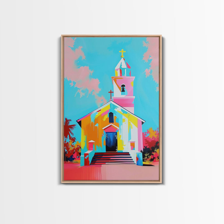 Vibrant Church Art in Pastel Hues - Framed Canvas Print, Colorful Religious Decor, Contemporary Church Wall Art for Living Room or Bedroom