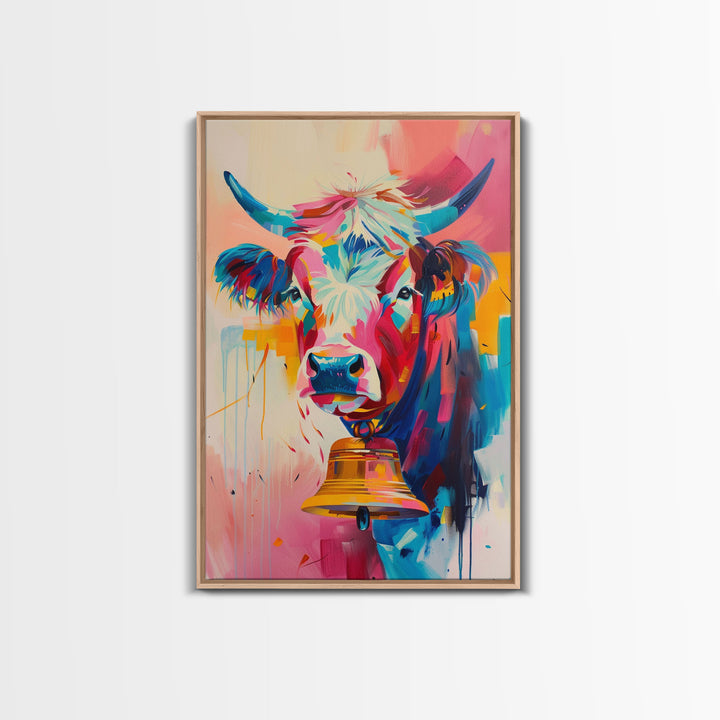 Expressive Cow Art in Bold Hues - Framed Canvas Print, Colorful Animal Decor, Modern Farmhouse Wall Art for Living Room or Bedroom