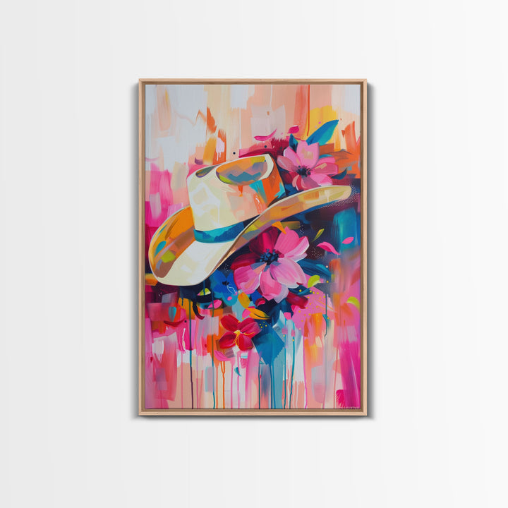 Cowboy Hat with Flowers in Bold Colors - Framed Canvas Print, Vibrant Western Decor, Colorful Hat Wall Art for Living Room or Bedroom