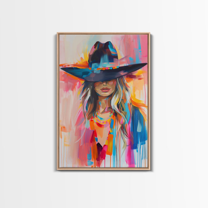 Modern Cowgirl in Hat Art - Framed Canvas Print, Stylish Bedroom Wall Art, Vibrant Living Room Decor, Contemporary Cowgirl Portrait