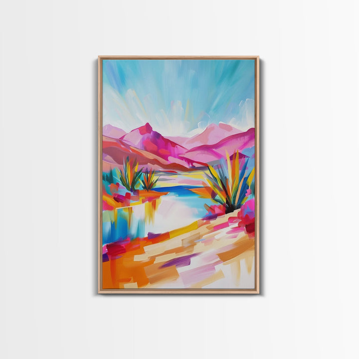 Bright Southwestern Landscape Art - Framed Canvas Print, Desert Decor, Vibrant Living Room Wall Art, Colorful Nature Scene