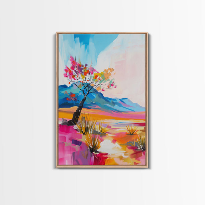 Bright Desert Tree Art - Framed Canvas Print, Southwestern Decor, Colorful Living Room Wall Art, Modern Desert Landscape