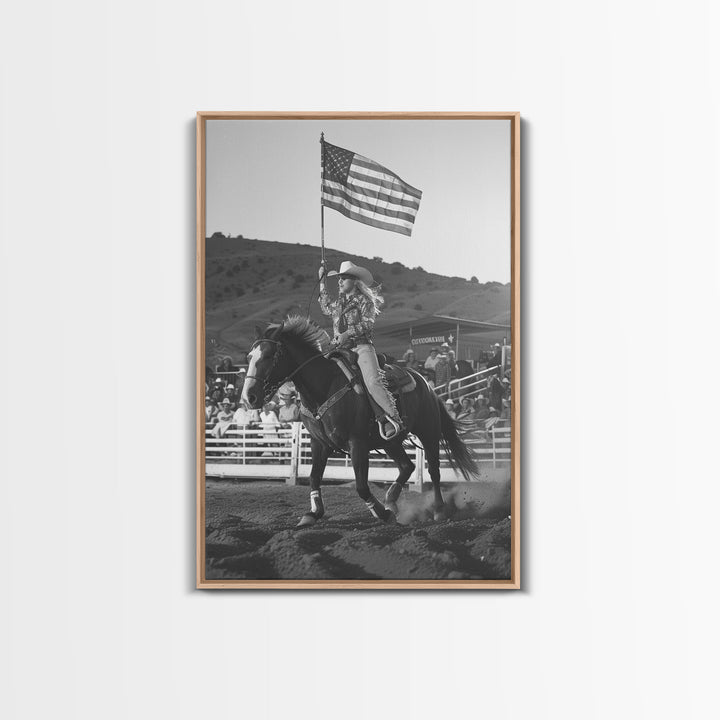 Cowgirl Flag Bearer Art Print, Western Rodeo Framed Canvas, Vintage Black and White Photography, Unique Wall Decor
