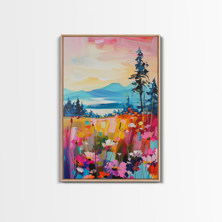 Serene Landscape with Wildflowers Framed Canvas Print - Pastel Sunset Wall Art, Tranquil Living Room Decor, Nature-Inspired Bedroom Art