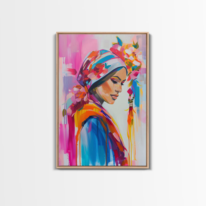 Portrait of Woman in Floral Headscarf Framed Canvas Print - Elegant Wall Art, Feminine Living Room Decor, Artistic Bedroom Art