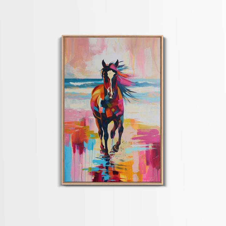 Horse on Beach in Bold Colors Framed Canvas Print - Beach Horse Wall Art, Colorful Living Room Decor, Bedroom Art, Coastal Equestrian Art