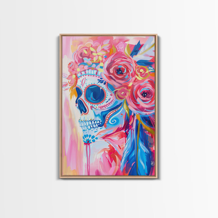 Floral Sugar Skull Framed Canvas Print - Day of the Dead Art, Colorful Wall Art, Living Room Decor, Mexican Folk Art for Bedroom