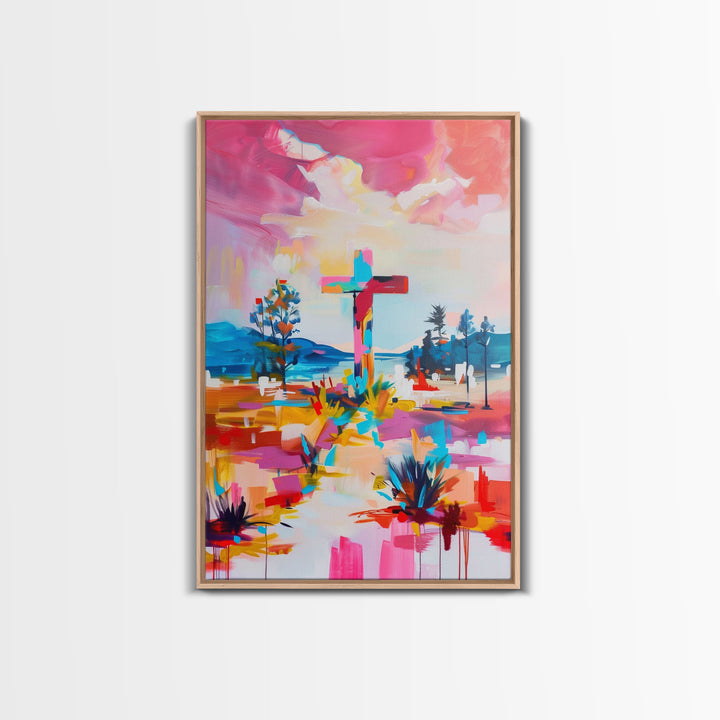 Cross on Vibrant Landscape - Framed Canvas Print, Colorful Western Art, Inspirational Wall Art for Living Room Decor