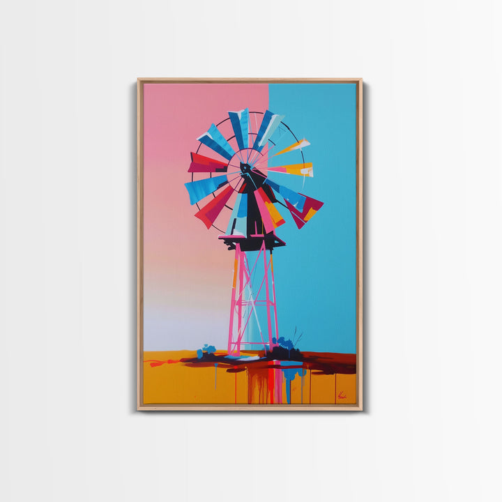 Bright Windmill Abstract Art - Framed Canvas Print, Whimsical Windmill Decor, Colorful Farmhouse Wall Art, Unique Living Room Decor