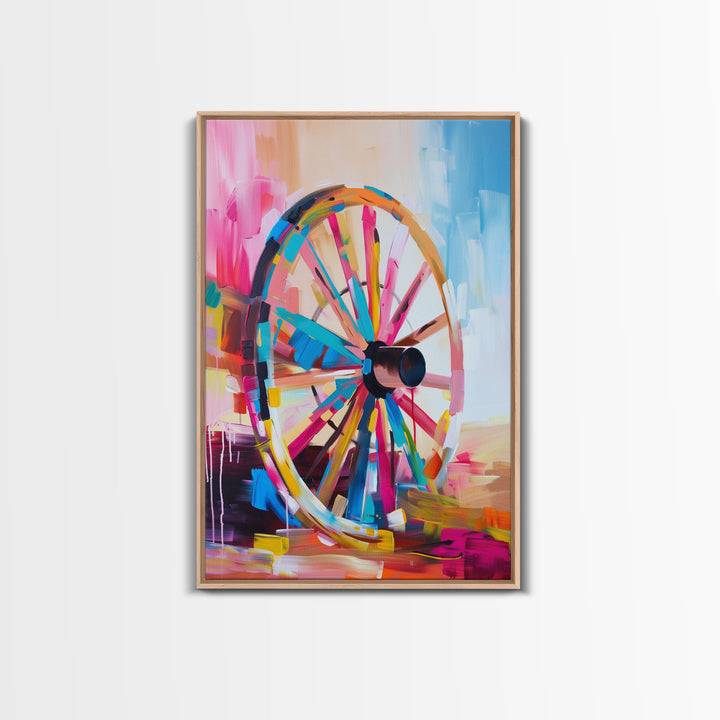 Vintage Wagon Wheel Canvas Art - Framed Canvas Print, Rustic Farmhouse Decor, Colorful Wheel Wall Art, Retro Bedroom Decoration