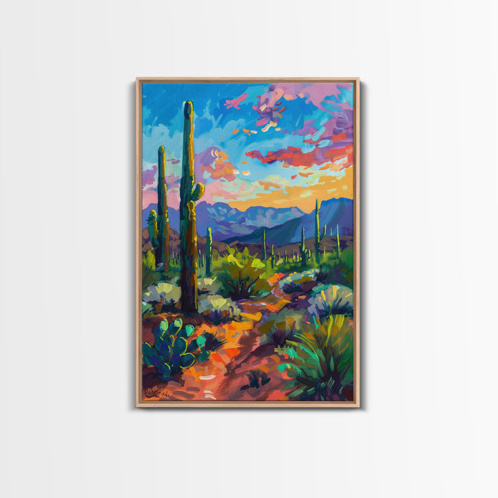 Framed Canvas Print, Cactus and Desert Path Wall Art, Vibrant Southwest Landscape for Living Room or Bedroom, Nature Art Poster Piece