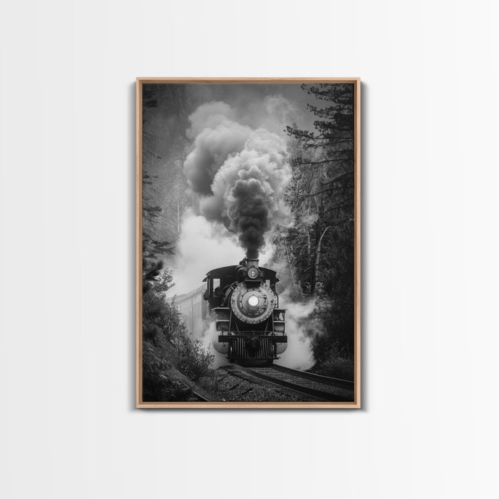 Steam Locomotive in the Forest Black and White Photography - Framed Canvas Print, Railroad Art, Vintage Train Wall Art for Home