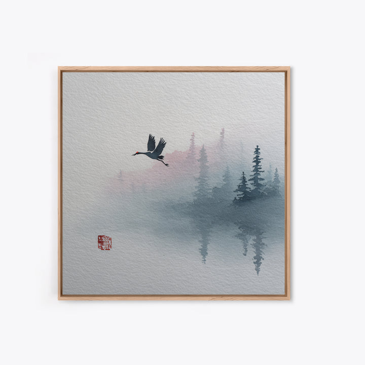 Monochrome Ink Crane Composition Framed Canvas Print, Wall Art, Abstract Art, Living Room Decor, Watercolor Art, WAL-1x1-24