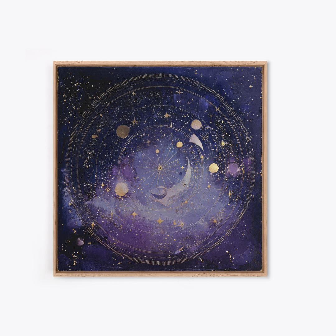 Celestial Moon and Stars Artwork Framed Canvas Print, Wall Art, Gallery Decor, Living Room Decor, Fine Art, Home Decor, WAL-1x1-38