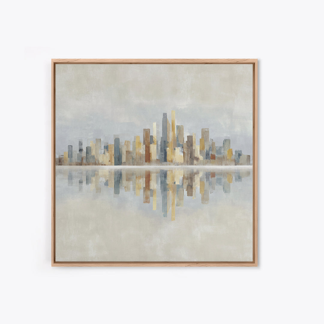 Urban Skyline in Muted Evening Color Framed Canvas Print, Wall Art, Wood Wall Art, Living Room Decor, Fine Art, WAL-1x1-42