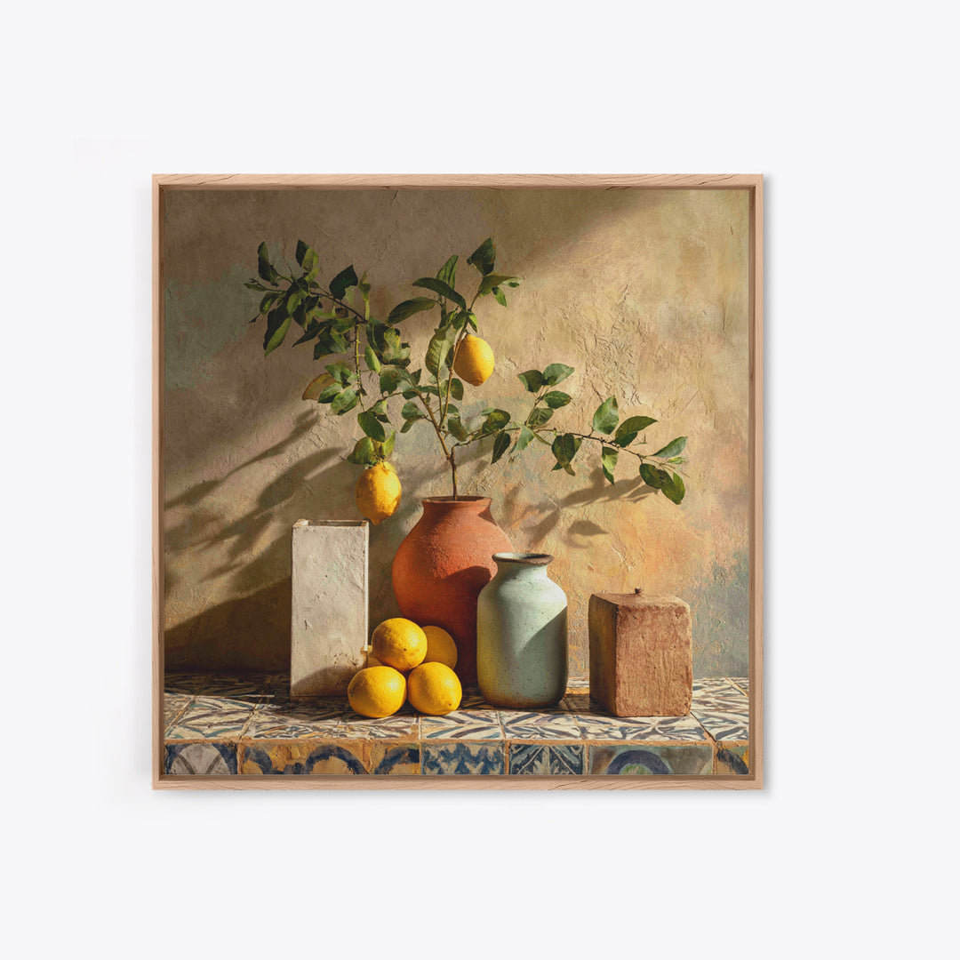 Mediterranean Lemon Branch Still Life Framed Canvas Print, Wall Art, Prints Wall Art, Living Room Decor, Oil Painting, WAL-1x1-46