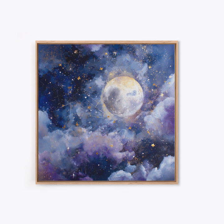 Celestial Moon and Stars Artwork Framed Canvas Print, Wall Art, Gallery Decor, Living Room Decor, Fine Art, Home Decor, WAL-1x1-62