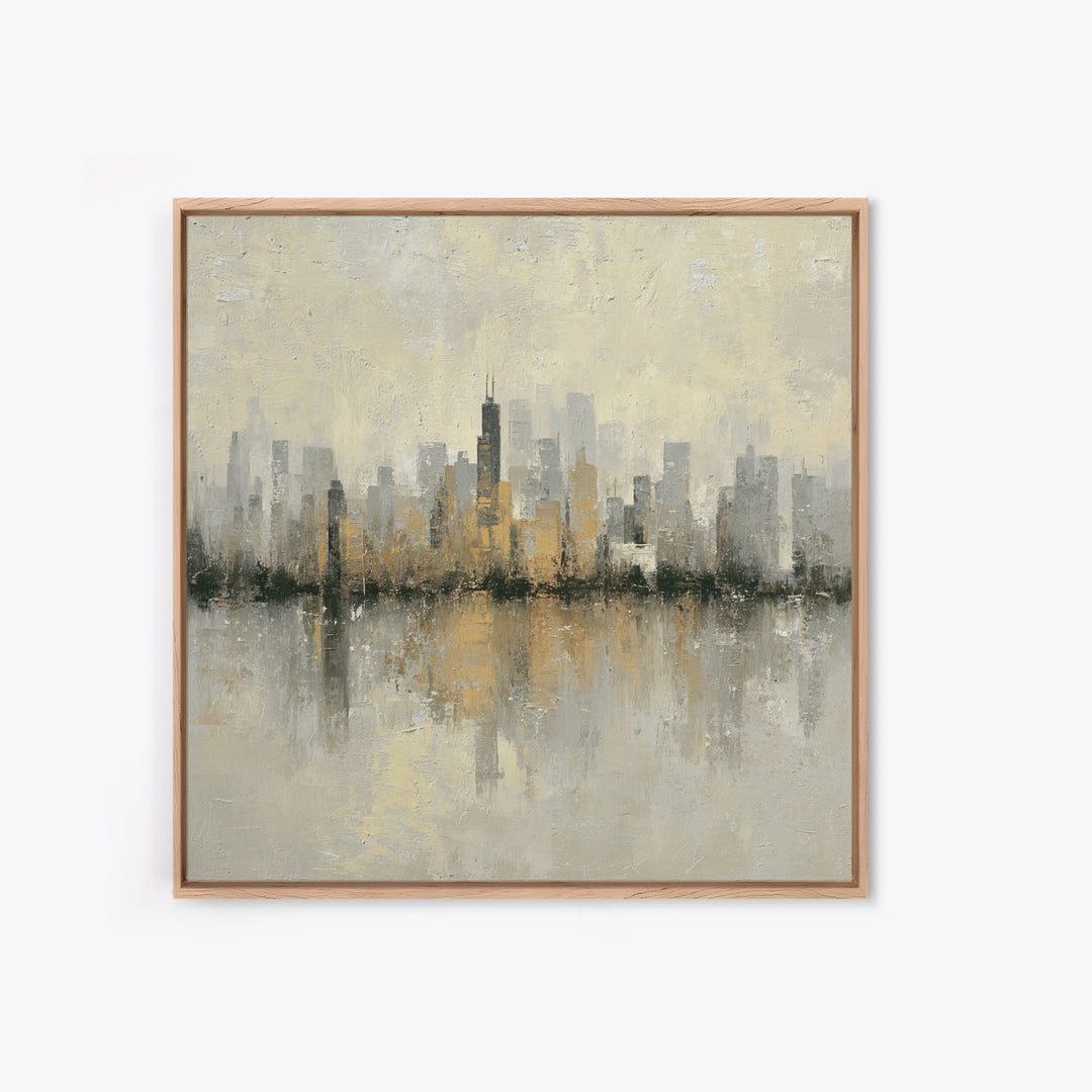 Urban Skyline in Muted Evening Color Framed Canvas Print, Wall Art, Wood Wall Art, Living Room Decor, Fine Art, WAL-1x1-66