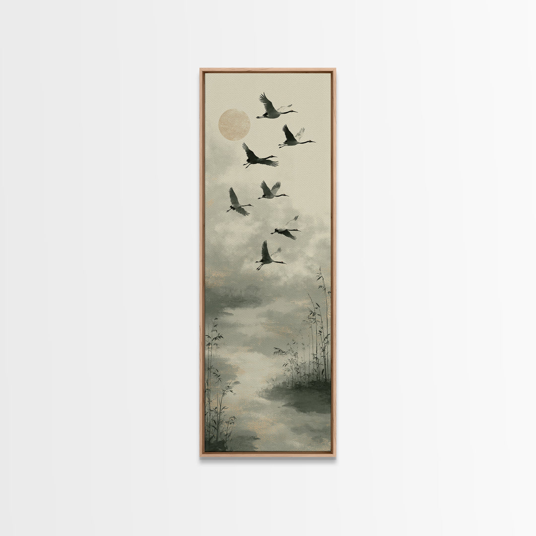Monochrome Ink Crane Composition Canvas Print, Wall Art, Mid Century Modern, Living Room Decor, Abstract Art, WAL-1x3-60