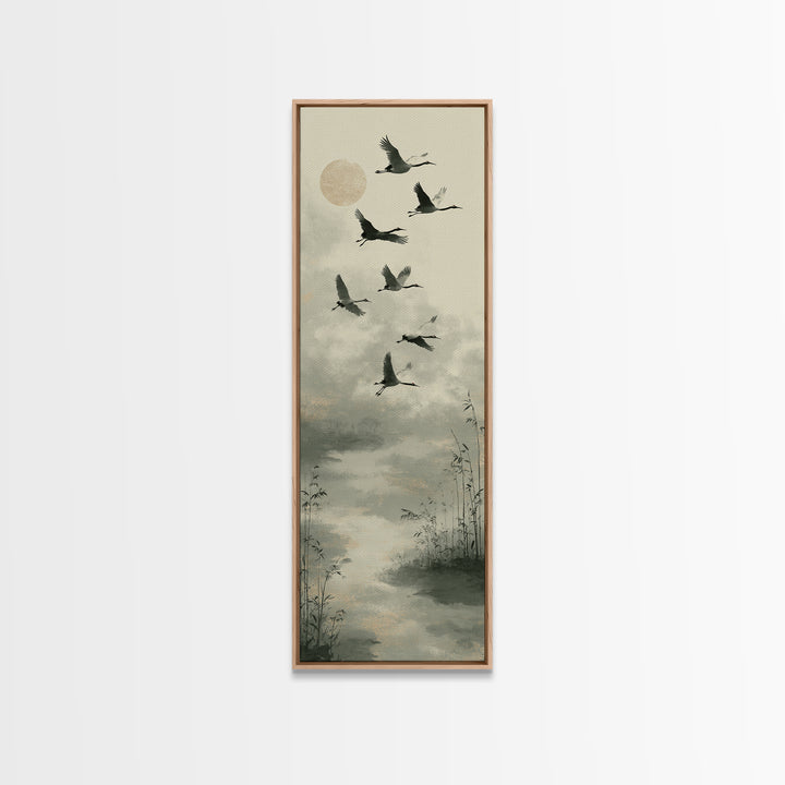 Monochrome Ink Crane Composition Canvas Print, Wall Art, Mid Century Modern, Living Room Decor, Abstract Art, WAL-1x3-60