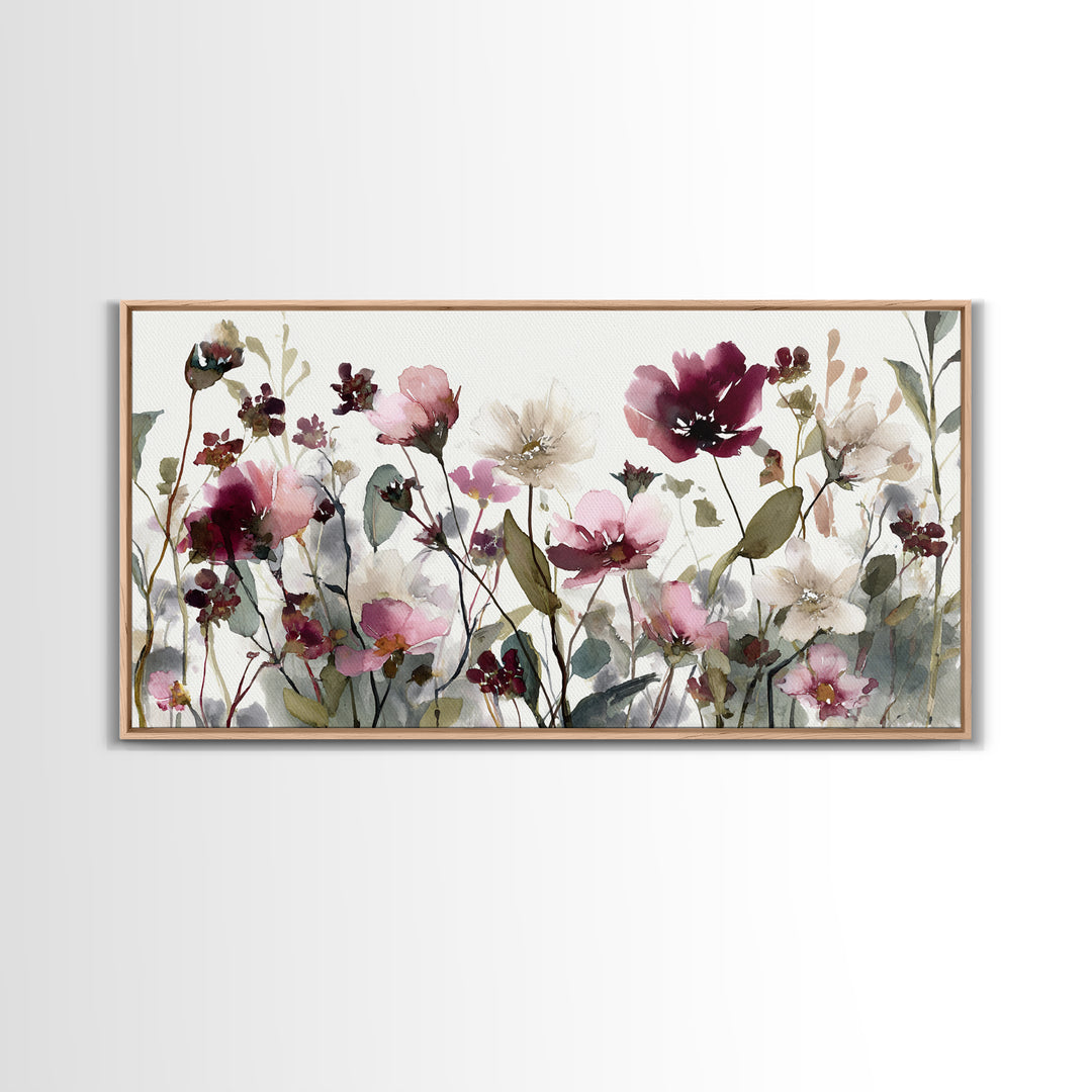 Impressionist Meadow of Wildflowers Framed Canvas Print, Wall Art, Painting, Living Room Decor, Watercolor Art, WAL-2x1-13