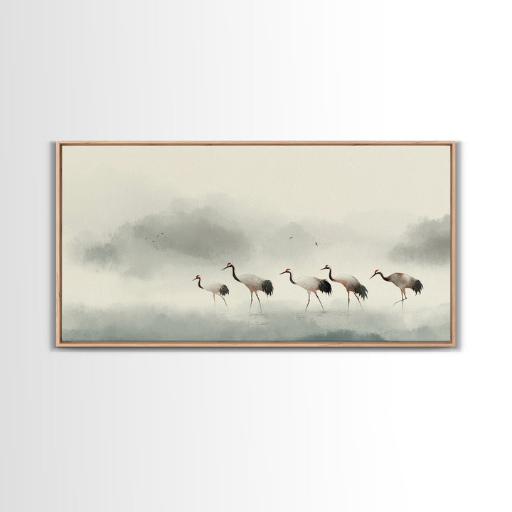 Monochrome Ink Crane Composition Framed Canvas Print, Wall Art, Statement Artwork, Living Room Decor, Fine Art, WAL-2x1-20