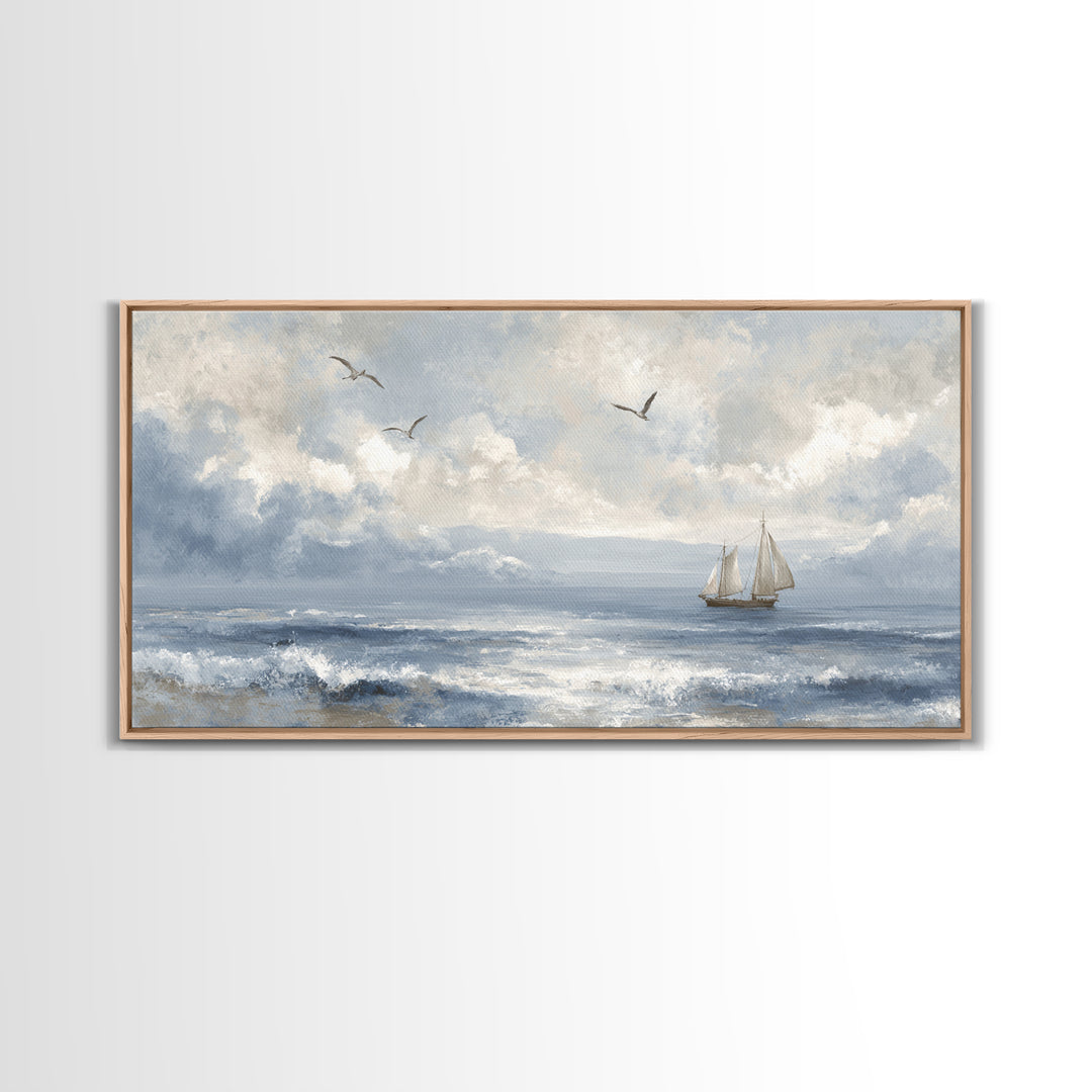 Classic Seascape with Dramatic Clouds Framed Canvas Print, Wall Art, Wall Hangings, Living Room Decor, Watercolor Art, WAL-2x1-23