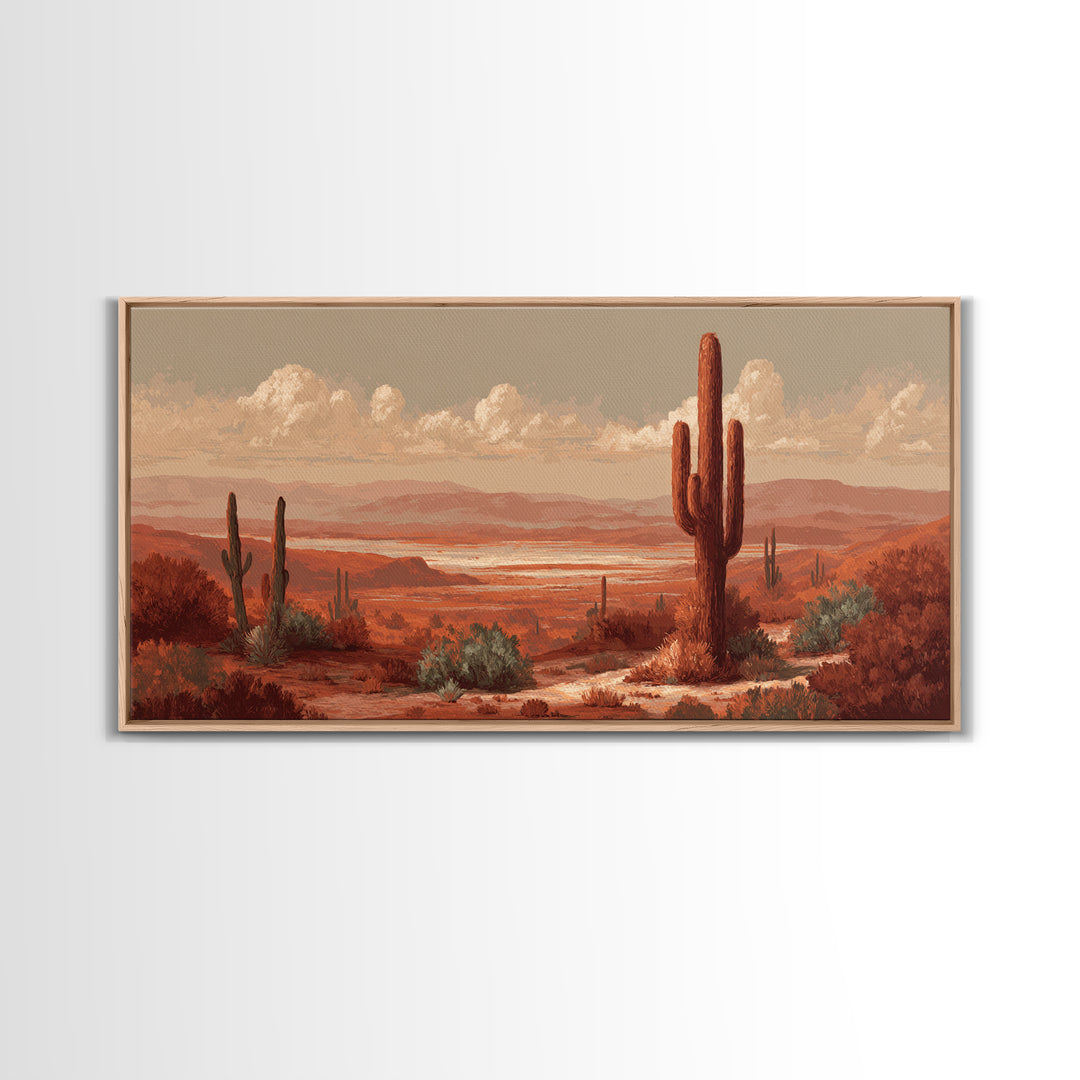 Desert Landscape in Warm Terracotta Tones Framed Canvas Print, Wall Art, Wall Clock, Living Room Decor, Watercolor Art, WAL-2x1-51