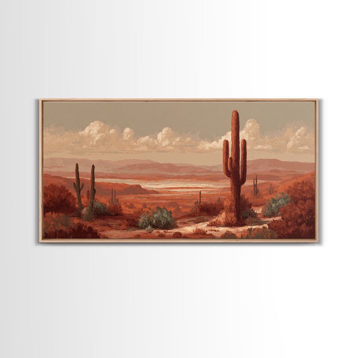 Desert Landscape in Warm Terracotta Tones Framed Canvas Print, Wall Art, Wall Clock, Living Room Decor, Watercolor Art, WAL-2x1-51