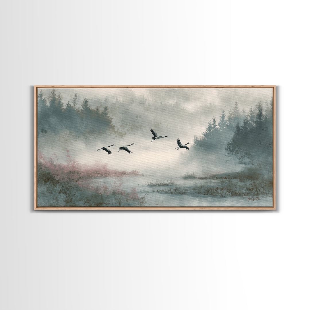 Monochrome Ink Crane Composition Canvas Print, Wall Art, Wall Hangings, Living Room Decor, Watercolor Art, Framed Wall Art, WAL-2x1-68