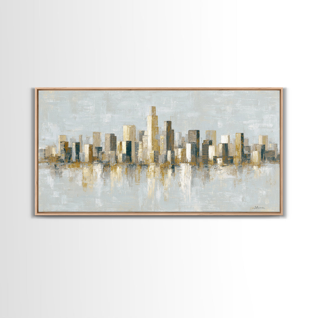 Urban Skyline in Muted Evening Color Framed Canvas Print, Wall Art, Art Print, Living Room Decor, Abstract Art, WAL-2x1-86