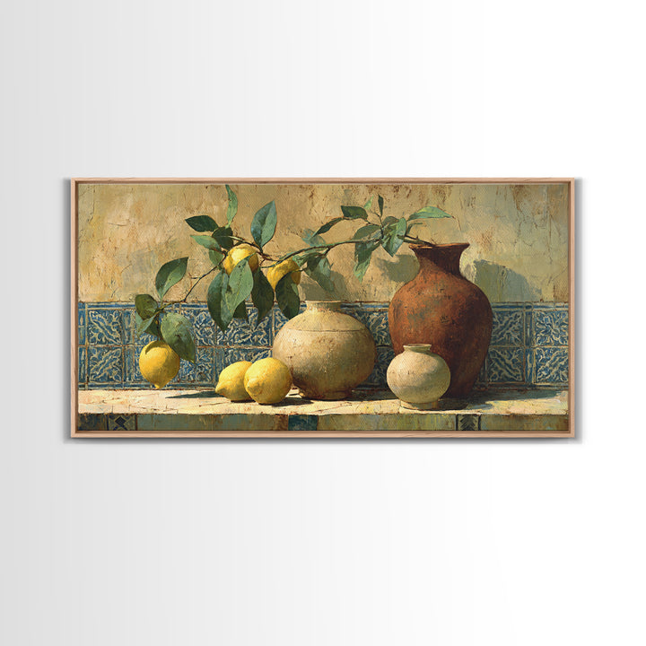 Mediterranean Lemon Branch Still Life Framed Canvas Print, Wall Art, Heart, Living Room Decor, Fine Art, Home Decor Gift, WAL-2x1-90