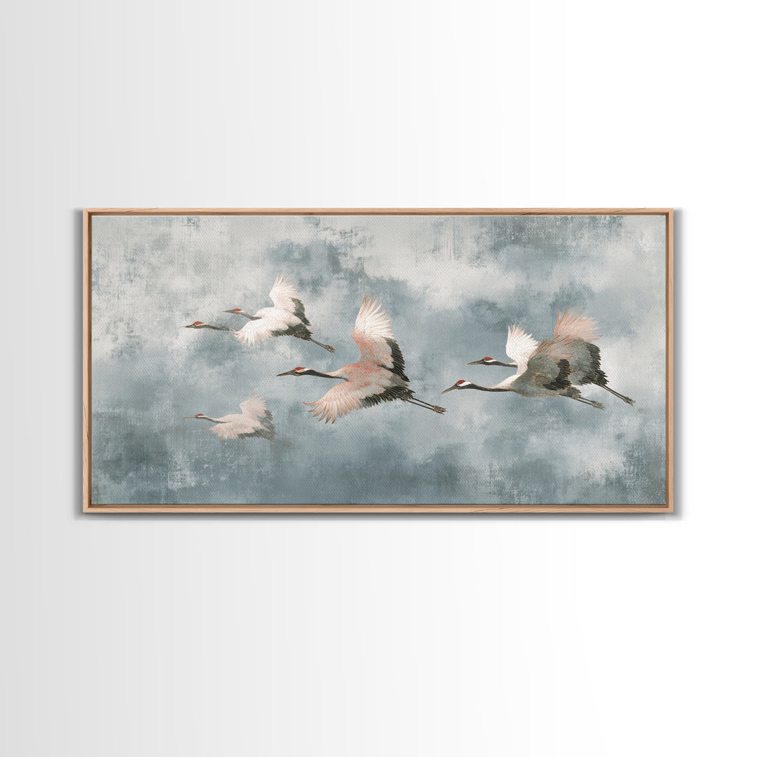 Monochrome Ink Crane Composition Framed Canvas Print, Wall Art, Wall Art for Mom, Living Room Decor, Oil Painting, WAL-2x1-92