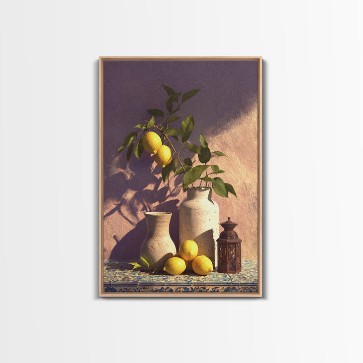 Mediterranean Lemon Branch Still Life Framed Canvas Print, Wall Art, Minimalist Decor, Living Room Decor, Oil Painting, WAL-2x3-30