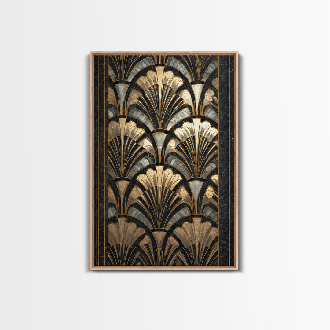Art Deco Gold Fan Pattern Framed Canvas Print, Wall Art, Contemporary Art, Living Room Decor, Fine Art, Mid Century Modern, WAL-2x3-4