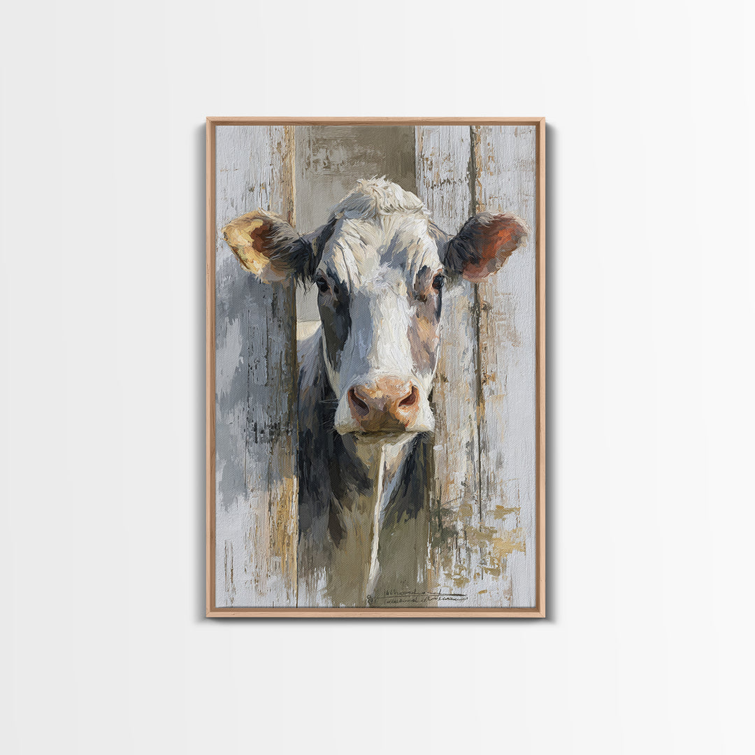 Rustic Farmhouse Cow Portrait Framed Canvas Print, Wall Art, Heart, Living Room Decor, Fine Art, Home Decor Gift, WAL-2x3-51