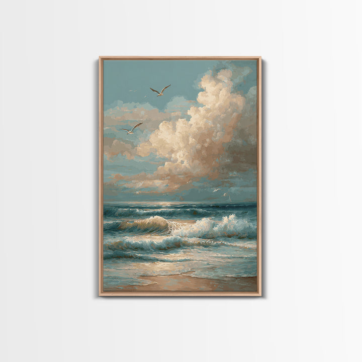 Classic Seascape with Dramatic Clouds Framed Canvas Print, Wall Art, Wall Art for Mom, Living Room Decor, Oil Painting, WAL-2x3-59