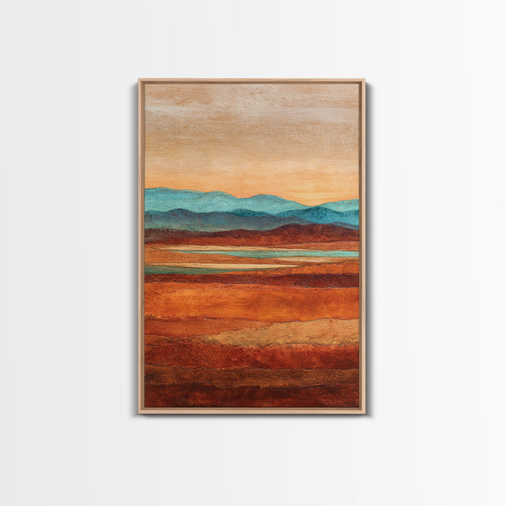 Desert Landscape in Warm Terracotta Tones Framed Canvas Print, Wall Art, Wall Clock, Living Room Decor, Watercolor Art, WAL-2x3-63
